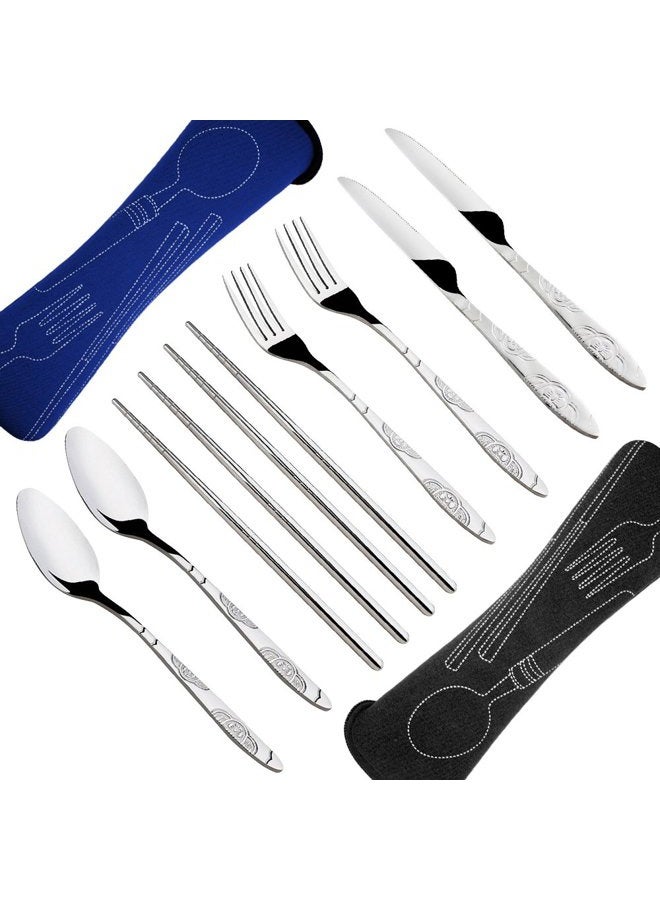 SENHAI 8 Pieces Flatware Sets Knife, Fork, Spoon, Chopsticks, 2 Pack Rustproof Stainless Steel Tableware Dinnerware with Carrying Case for Traveling Camping Picnic Working Hiking(Dark Blue,Black) - Image 3